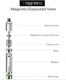 Yocan Magneto Wax Vape Pen exploded view showcasing atomizer, magnetic coil cap, and silicone jar.