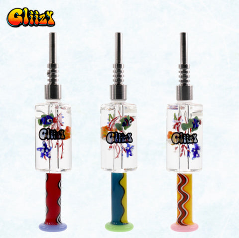 Set of 6-inch Gliizy honey straw glass nectar collectors with fish and sea plant designs, colorful bases, and titanium tips for premium smoking experiences.