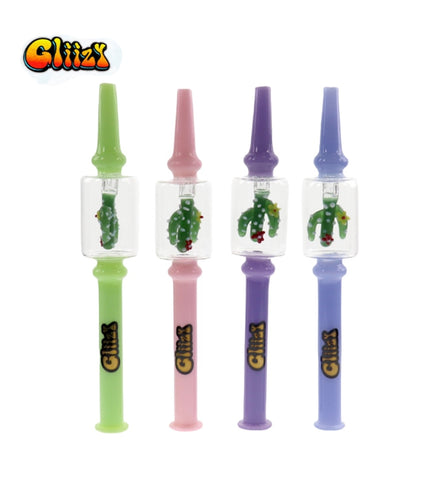 Set of 6-inch Gliizy honey straw glass nectar collectors in pastel colors (green, pink, purple, and blue) featuring cactus designs, perfect for smoking and stylish use.