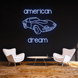 American Dream Car LED Neon Sign – Vintage automotive wall decor, customizable neon light for garage, man cave, or business spaces.