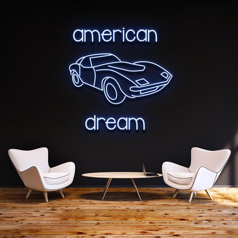 American Dream Car LED Neon Sign – Vintage automotive wall decor, customizable neon light for garage, man cave, or business spaces.
