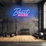 Beast Mode LED neon sign in blue and pink, adding bold motivational lighting to gym spaces and workout areas