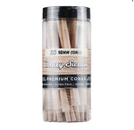 Blazy Susan premium brown 98mm cones, 50-count jar, highlighting ultra-thin, slow-burning, and GMO-free features.