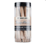 Blazy Susan premium brown 98mm cones, 50-count jar, highlighting ultra-thin, slow-burning, and GMO-free features.