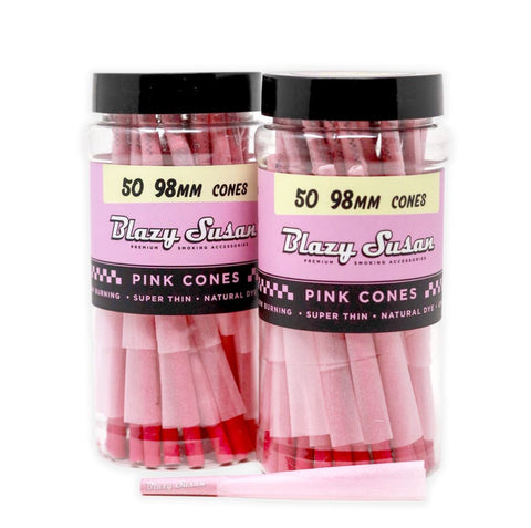 Blazy Susan pink 98mm cones in a 50-count jar, showcasing ultra-thin, slow-burning, and vegan smoking accessories