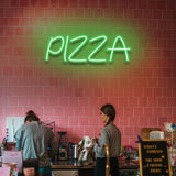 Bright and fun Pizza LED Neon Sign, shaped like a pizza slice, perfect wall decor for pizzerias, restaurants, or pizza lovers at home.