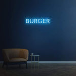 Burger blue LED neon sign, modern wall decor for restaurants, cafes, or kitchens