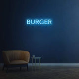 Burger blue LED neon sign, modern wall decor for restaurants, cafes, or kitchens
