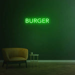 Burger green LED neon sign, vibrant wall decor for kitchens, restaurants, or cafes