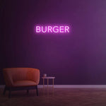 Burger pink LED neon sign, trendy wall decor for cafes, kitchens, or restaurants