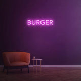 Burger pink LED neon sign, trendy wall decor for cafes, kitchens, or restaurants