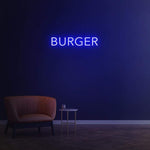 Burger purple LED neon sign, stylish wall decor for restaurants, kitchens, or cafes