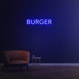 Burger purple LED neon sign, stylish wall decor for restaurants, kitchens, or cafes