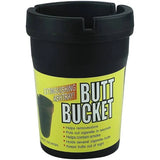 Black car portable butt bucket ashtray, odor-removing cigarette extinguisher for smoke containment and discreet butt disposal.