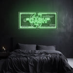 Cash LED neon sign featuring a green dollar bill design, perfect for bedroom or gaming room decor with a modern aesthetic.