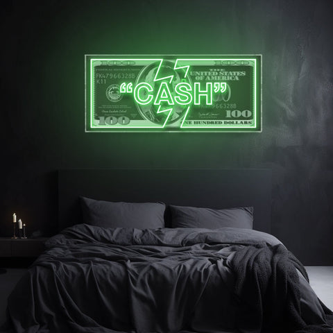 Cash LED neon sign featuring a green dollar bill design, perfect for bedroom or gaming room decor with a modern aesthetic.