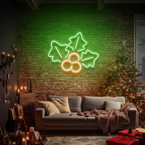 Green and orange LED neon sign featuring holly leaves and berries, adding a festive touch to Christmas decorations in a cozy living room setting.