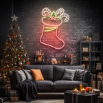 LED neon sign featuring a festive Christmas stocking filled with candy canes and holly, perfect for holiday decorations and seasonal lighting.