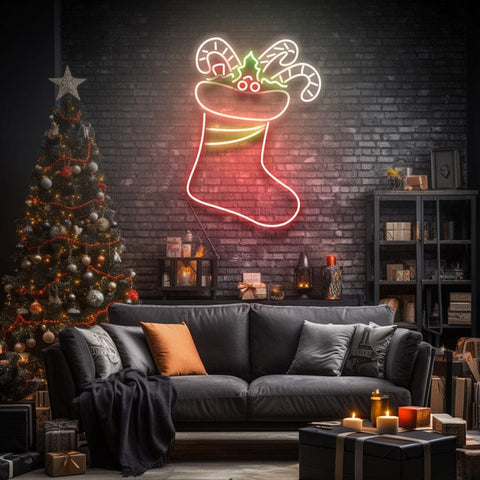 LED neon sign featuring a festive Christmas stocking filled with candy canes and holly, perfect for holiday decorations and seasonal lighting.