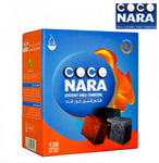 Coco Nara coconut shell charcoal box containing 120 flat pieces, eco-friendly and efficient for hookah and BBQ use.