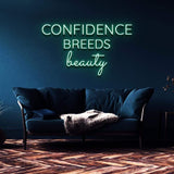Confidence Breeds Beauty neon light sign glowing in a contemporary living room with a navy-blue theme and elegant furnishings.