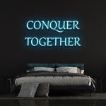 Conquer Together cyan neon sign for trendy bedroom wall decor and modern lighting.