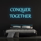 Conquer Together cyan neon sign for trendy bedroom wall decor and modern lighting.