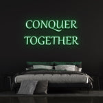 Conquer Together green neon sign for cozy bedroom lighting and modern home decor.