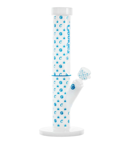 Cookies White Tube Bong with blue decorative logo and leaf patterns, featuring a sleek design and high-quality construction for smooth hits.

