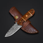 Damascus hunter knife with micarta rosewood handle and leather sheath, ideal for hunting and woodworking.