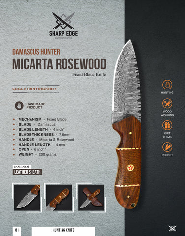 Damascus Hunter Micarta Rosewood Fixed Blade Knife - detailed product specifications including blade length, handle material, and weight.