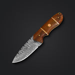 Full view of a Damascus steel fixed-blade hunting knife with a polished wooden handle and ergonomic design.