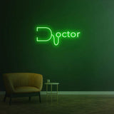 Green doctor LED neon sign on dark green wall with minimalist furniture and glowing medical decor, neon light art.