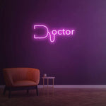Pink doctor LED neon sign on purple wall with stylish seating and modern ambiance, neon healthcare wall art.