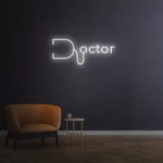 White doctor LED neon sign on dark wall with contemporary furniture and minimalist decor, illuminated medical light.
