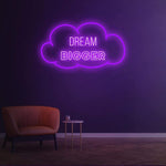 Dream Bigger purple neon sign in a cloud design for unique and inspirational wall lighting