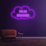 Dream Bigger purple neon sign in a cloud design for unique and inspirational wall lighting
