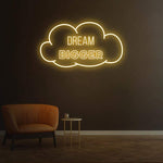 Dream Bigger warm white neon sign in a cloud shape for stylish and elegant home or office decor