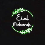 Eid Mubarak LED neon sign with a circular design and green accents, perfect for Eid celebrations and festive decor.