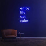 Enjoy Life Eat Cake dark blue neon LED sign for a sophisticated and calming aesthetic in lounges or cafes.