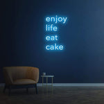 Enjoy Life Eat Cake blue neon LED sign for modern interior decor, perfect for cafes and living rooms.