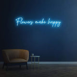 Flowers Make Happy neon sign, vibrant LED decor, perfect for Instagram-worthy backdrops in stores or events.