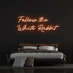 Follow the White Rabbit neon sign with LED lights, perfect whimsical wall decor for homes and events.