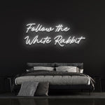 Follow the White Rabbit neon sign with energy-efficient LED technology, ideal for imaginative spaces.