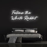 Follow the White Rabbit neon sign with energy-efficient LED technology, ideal for imaginative spaces.