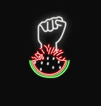  Free Palestine LED neon sign showcasing a raised fist with a vibrant watermelon motif, representing unity and resilience, ideal for impactful displays.







