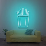 Creative French fries LED neon sign glowing in blue light, ideal for enhancing interior spaces with a modern vibe