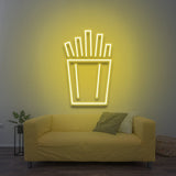 Stylish French fries LED neon sign in yellow light, great for kitchens or dining areas, creating a warm and inviting atmosphere.