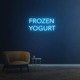 Frozen yogurt neon sign with light blue illumination for restaurant decor