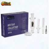 Gliizy glass nectar collector set with assorted colors, includes 10mm and 14mm tips for easy concentrate consumption and portable smoking experience.